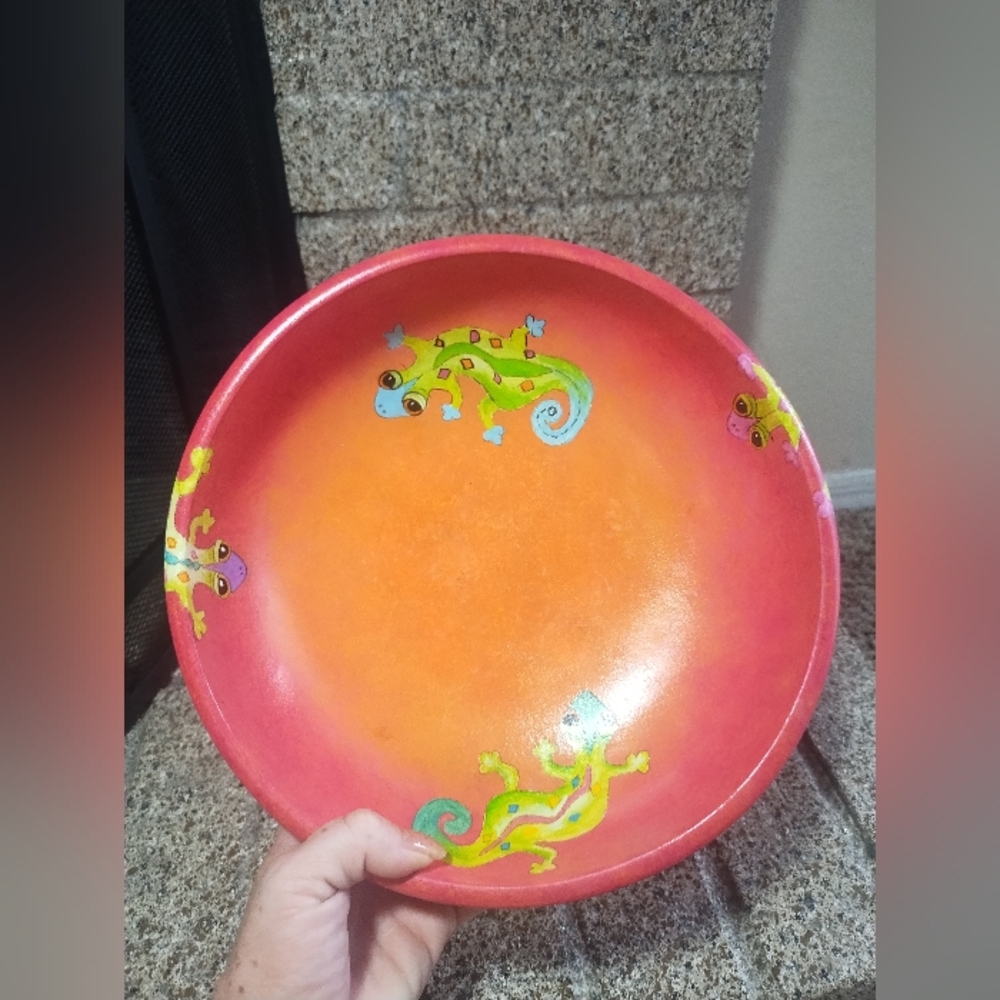 Hand Painted Decor Bowl With Lizards 10" Signed M Davis
